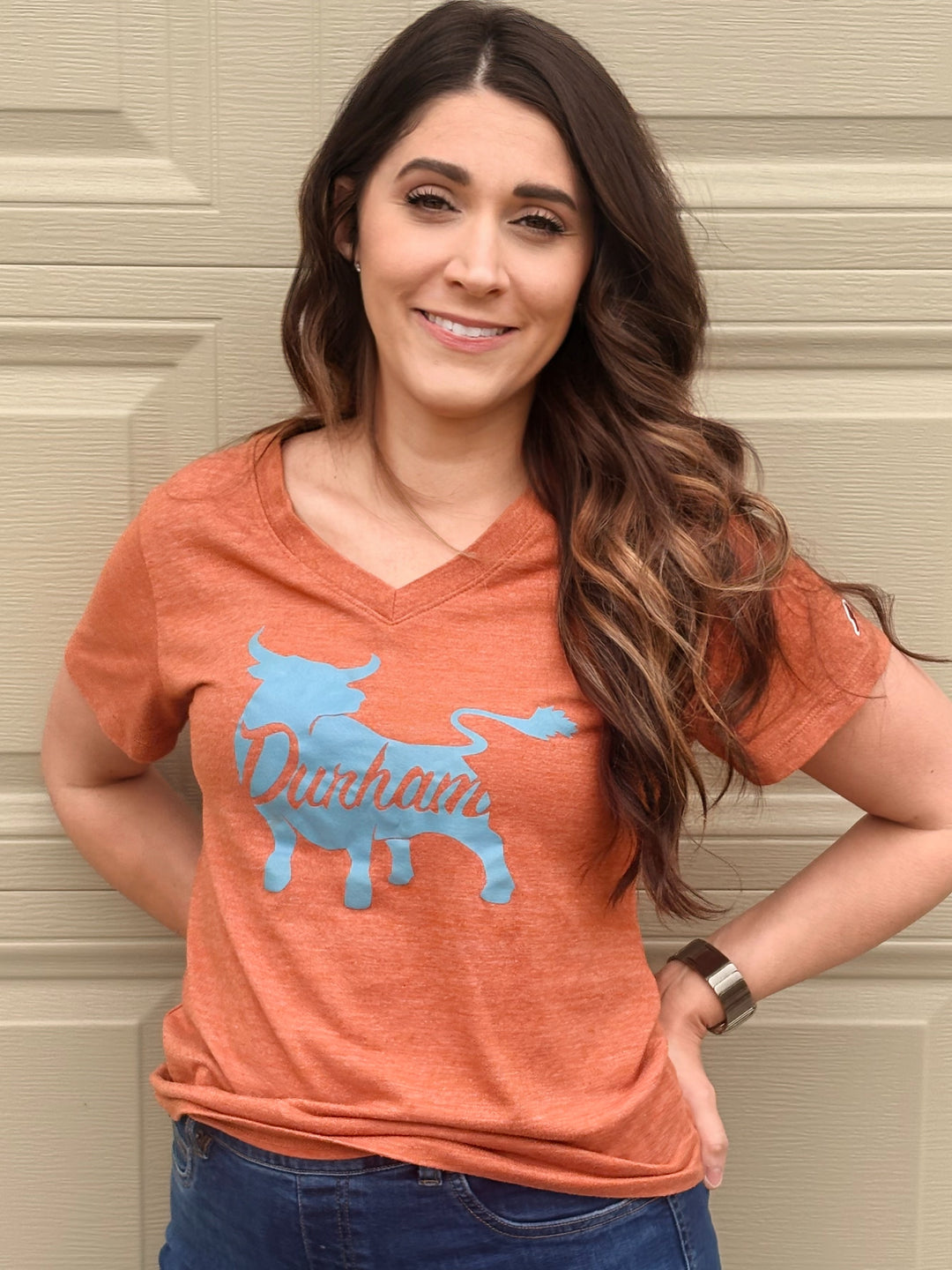 Small Bull V-Neck Women's Cut T-Shirt #110 (Heather Burnt Orange)