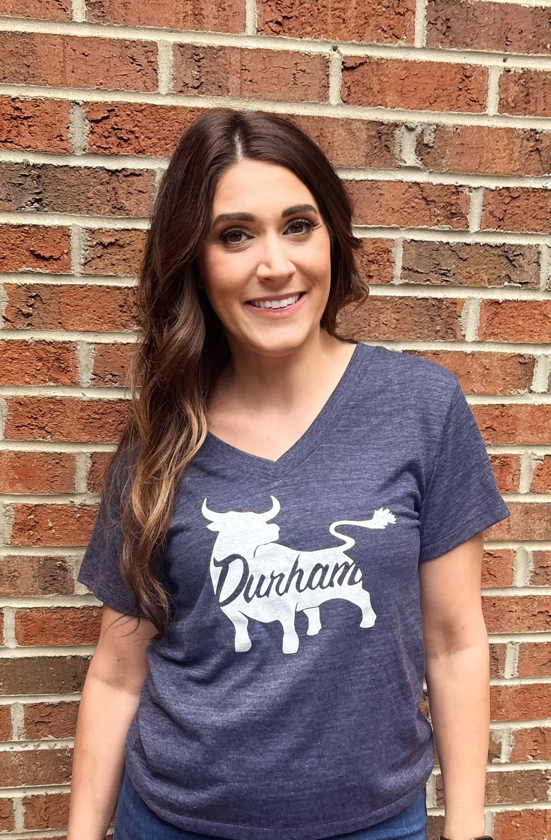Small Bull V-Neck Women's Cut T-Shirt #110 (Heather Navy)