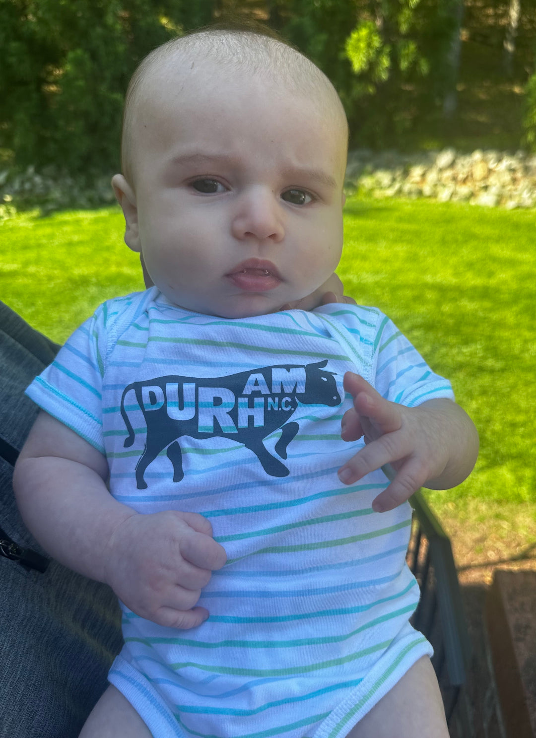 Durham with Bull, NC. Onesie #5 (Marine Stripe)