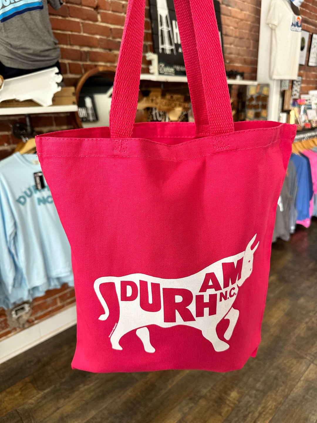 Bull with Durham, NC. Tote Bag #5 (Hot Pink)
