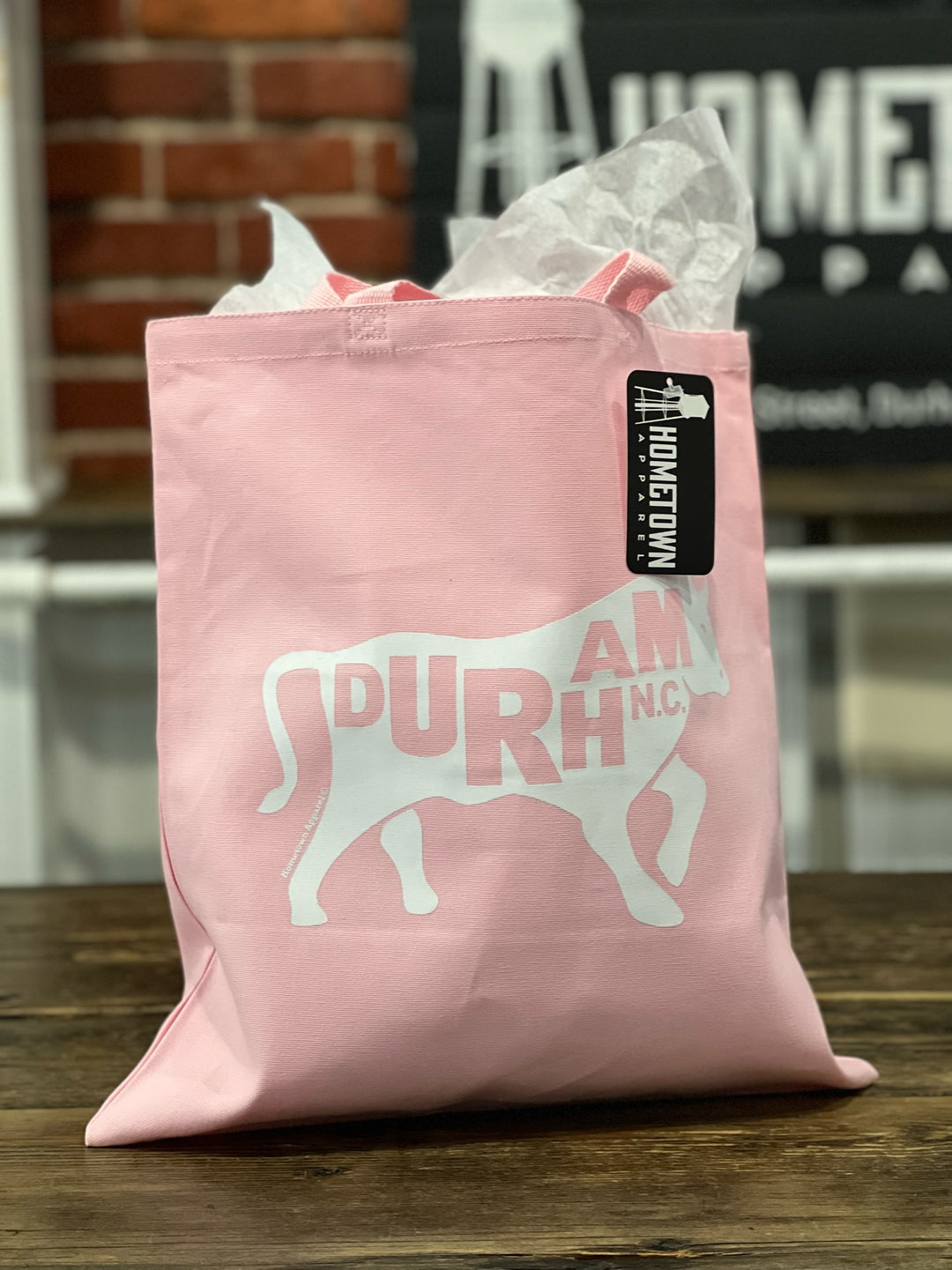 Bull with Durham, NC. Tote Bag #5 (Lt. Pink)