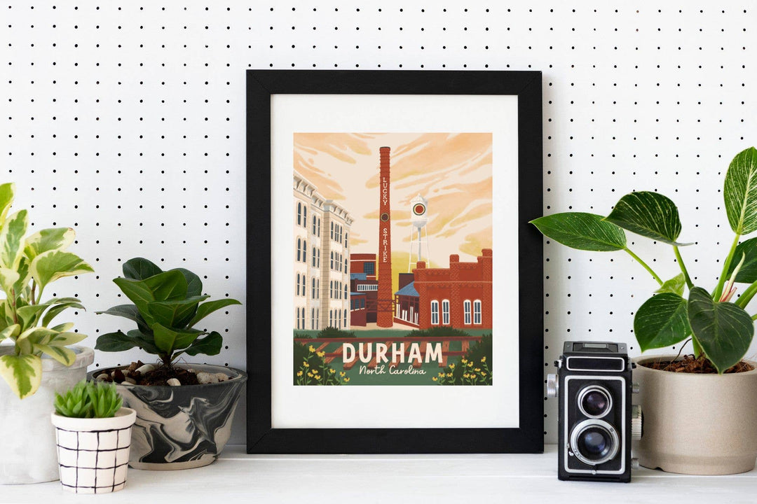 Durham, North Carolina Retro Travel Art Print: 8x10