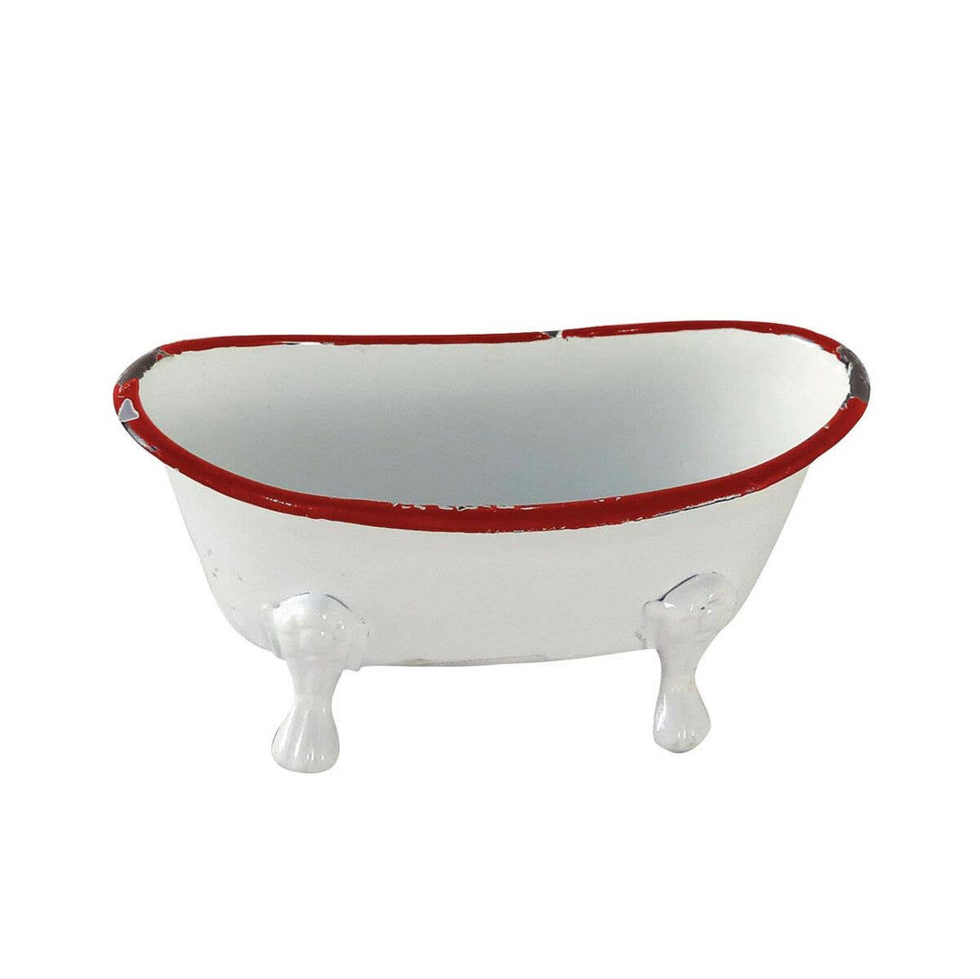 Red Distressed Rim White Enamel Bathtub Soap Dish