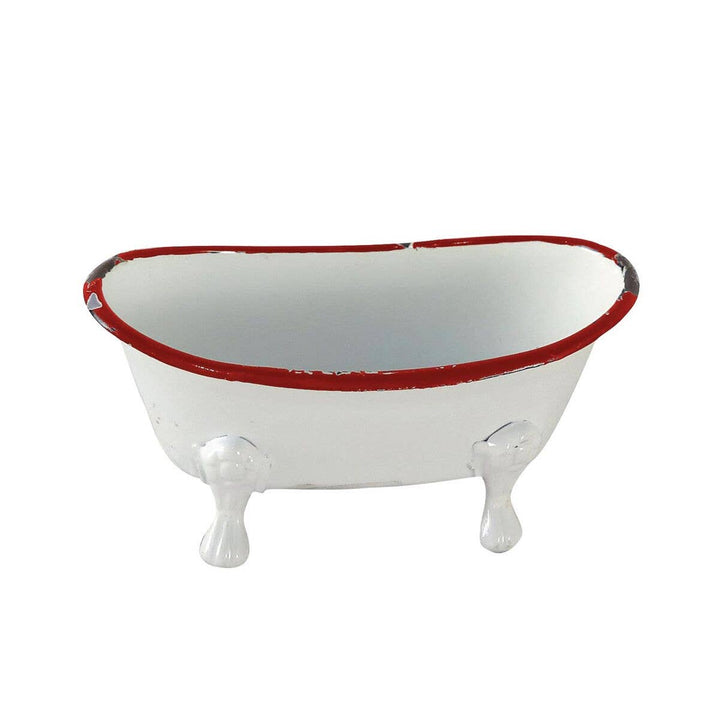 Red Distressed Rim White Enamel Bathtub Soap Dish