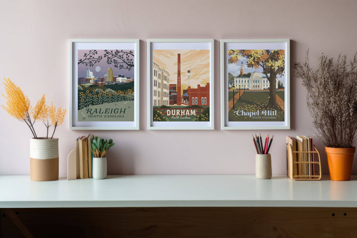 Durham, North Carolina Retro Travel Art Print: 8x10