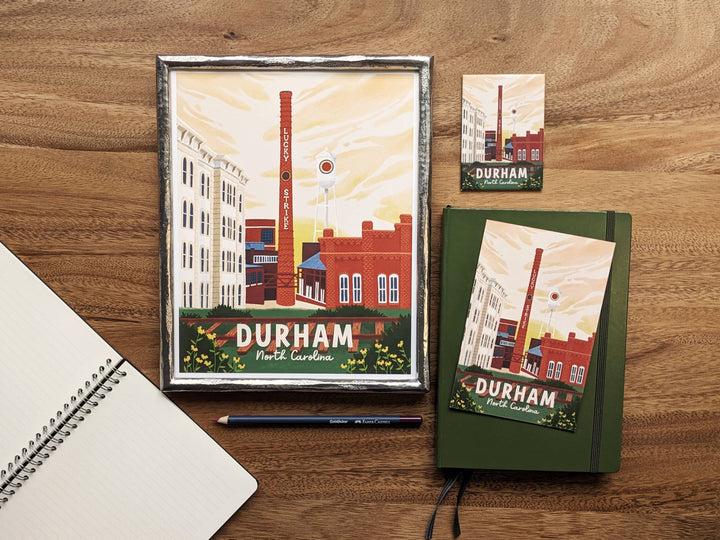 Durham, North Carolina Retro Travel Art Print: 8x10