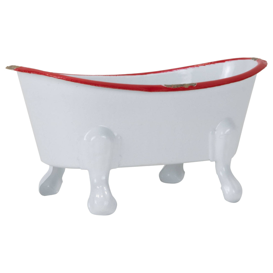 Red Distressed Rim White Enamel Bathtub Soap Dish