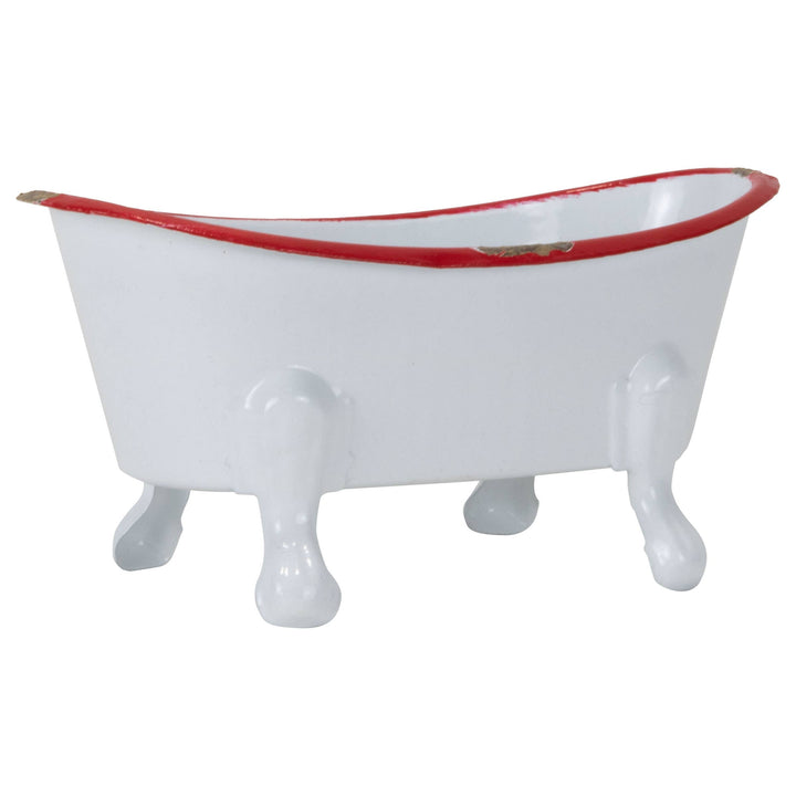 Red Distressed Rim White Enamel Bathtub Soap Dish