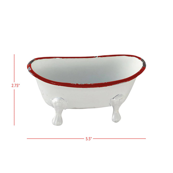 Red Distressed Rim White Enamel Bathtub Soap Dish