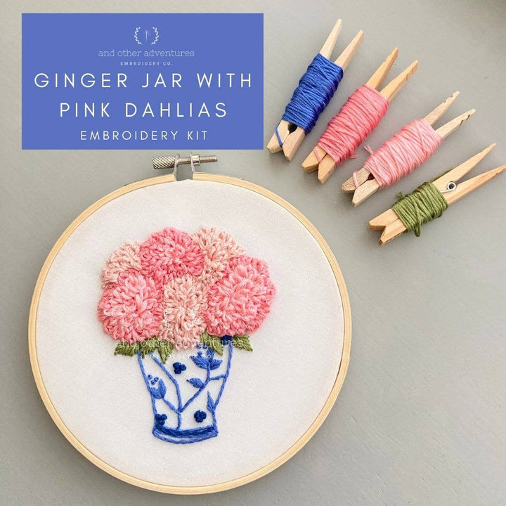 Hand Embroidery Kit - Pink Dahlias in Ginger Jar
