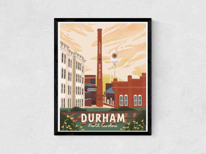 Durham, North Carolina Retro Travel Art Print: 8x10