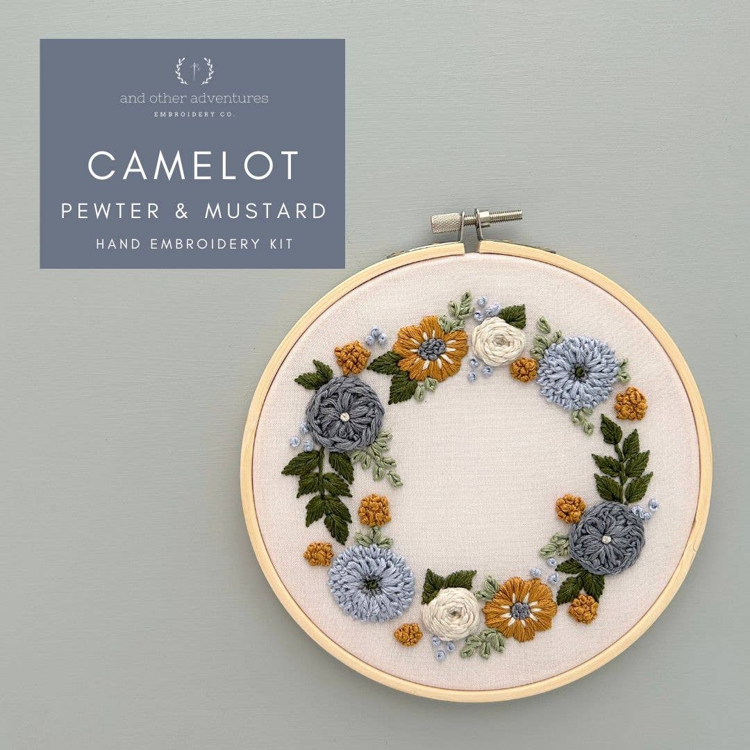 Hand Embroidery Kit - Camelot in Pewter & Mustard