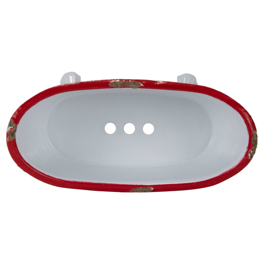 Red Distressed Rim White Enamel Bathtub Soap Dish