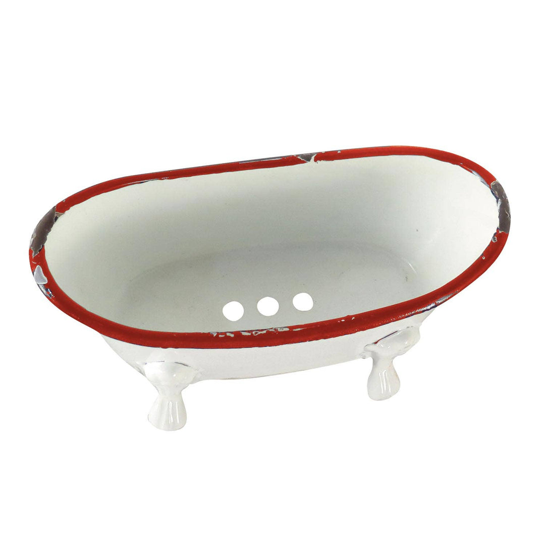 Red Distressed Rim White Enamel Bathtub Soap Dish