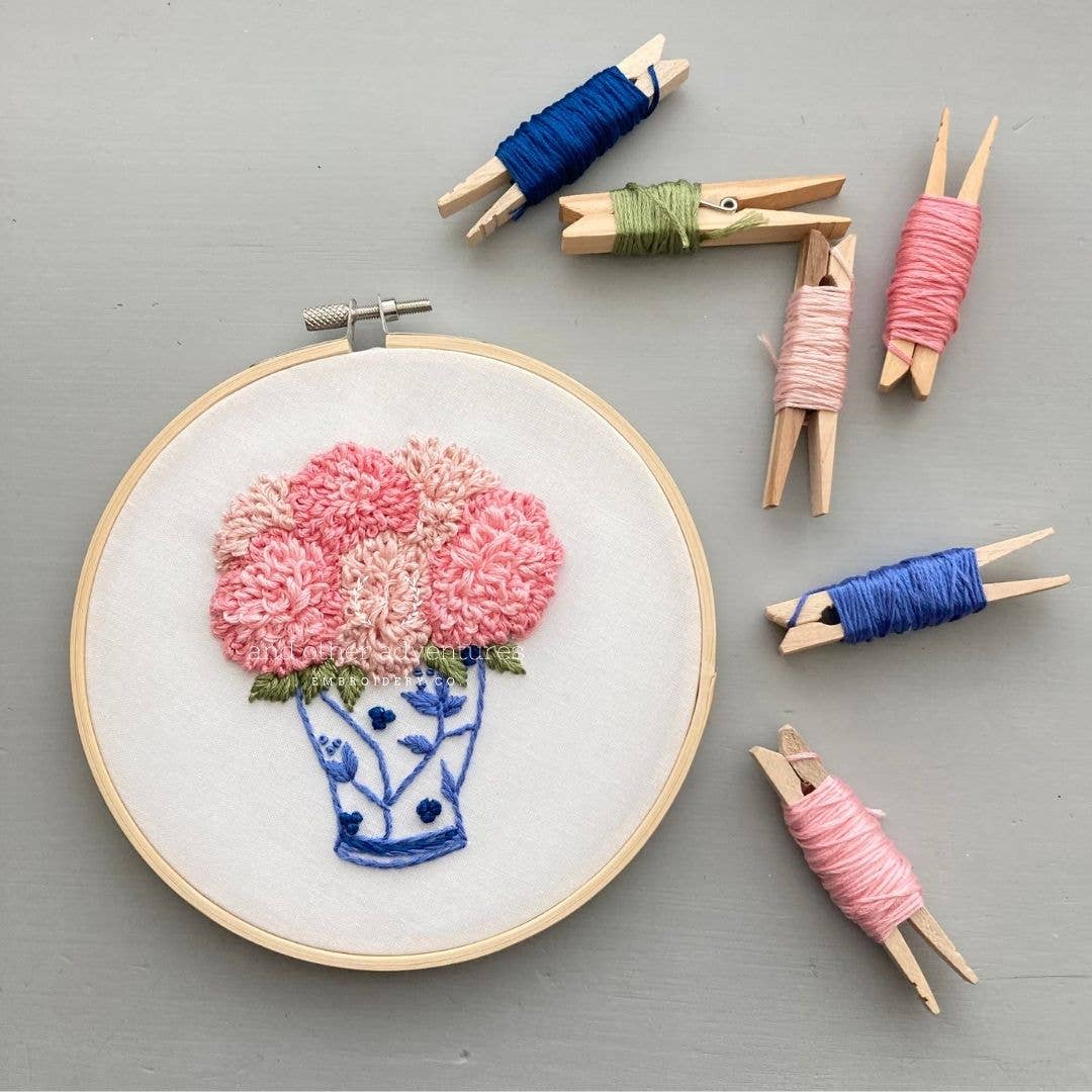 Hand Embroidery Kit - Pink Dahlias in Ginger Jar