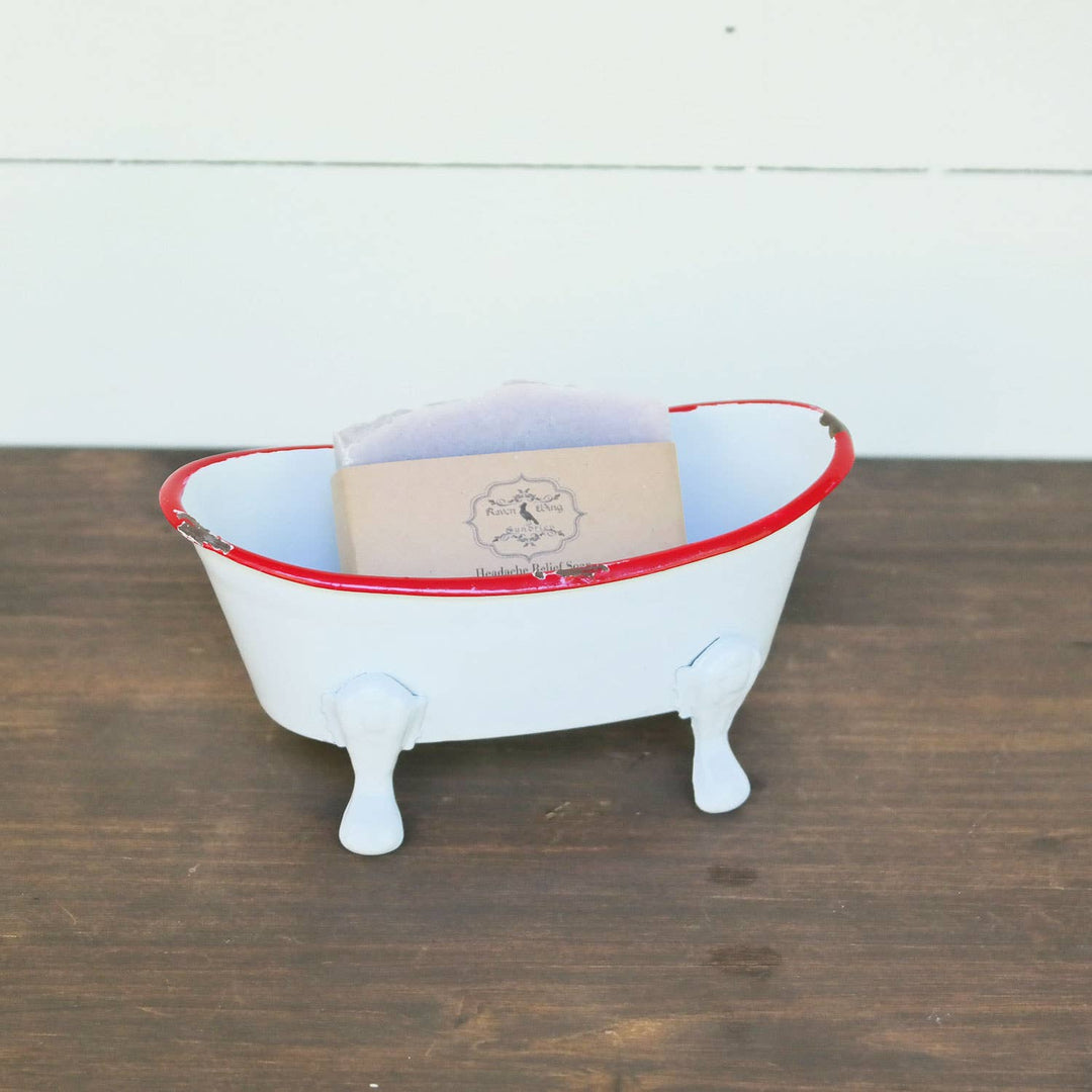Red Distressed Rim White Enamel Bathtub Soap Dish