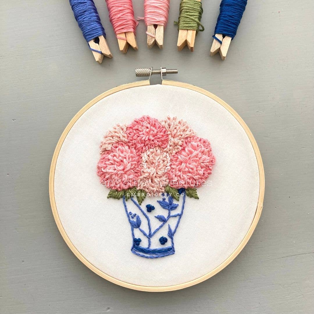 Hand Embroidery Kit - Pink Dahlias in Ginger Jar