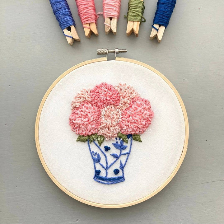 Hand Embroidery Kit - Pink Dahlias in Ginger Jar