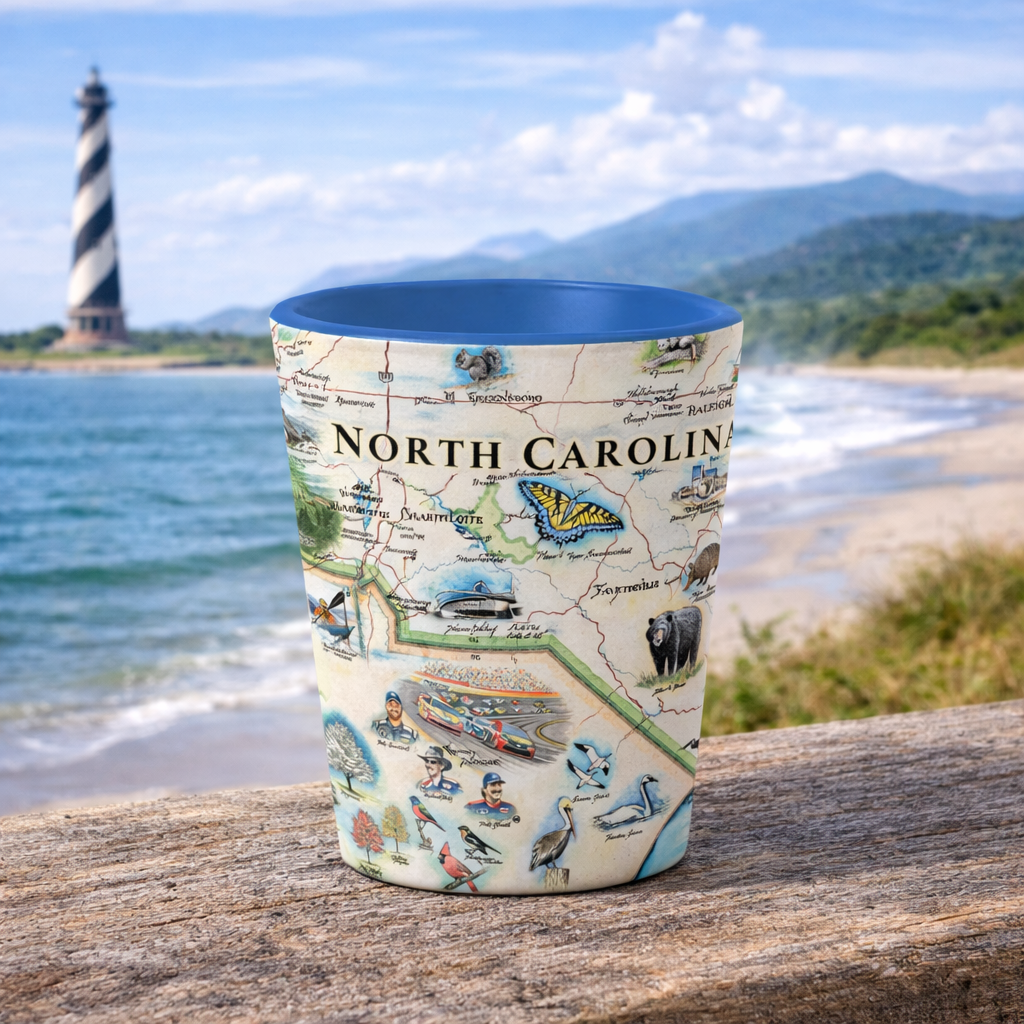 North Carolina State Map Ceramic Shot Glass (1.5 oz, Blue)