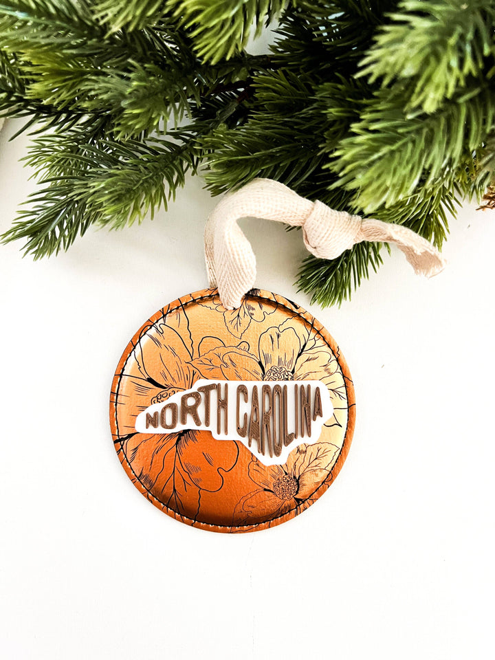 NC Dogwood State Map Leather Ornament