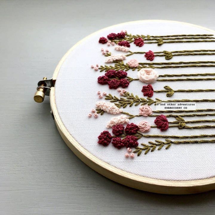 Beginner Hand Embroidery KIT - Burgundy & Blush Wildflowers